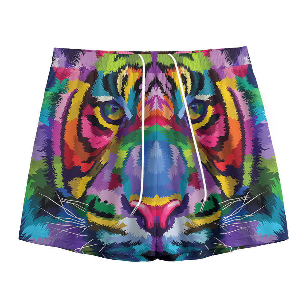 Colorful Tiger Portrait Print Mesh Shorts