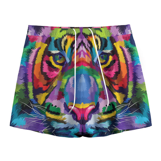 Colorful Tiger Portrait Print Mesh Shorts