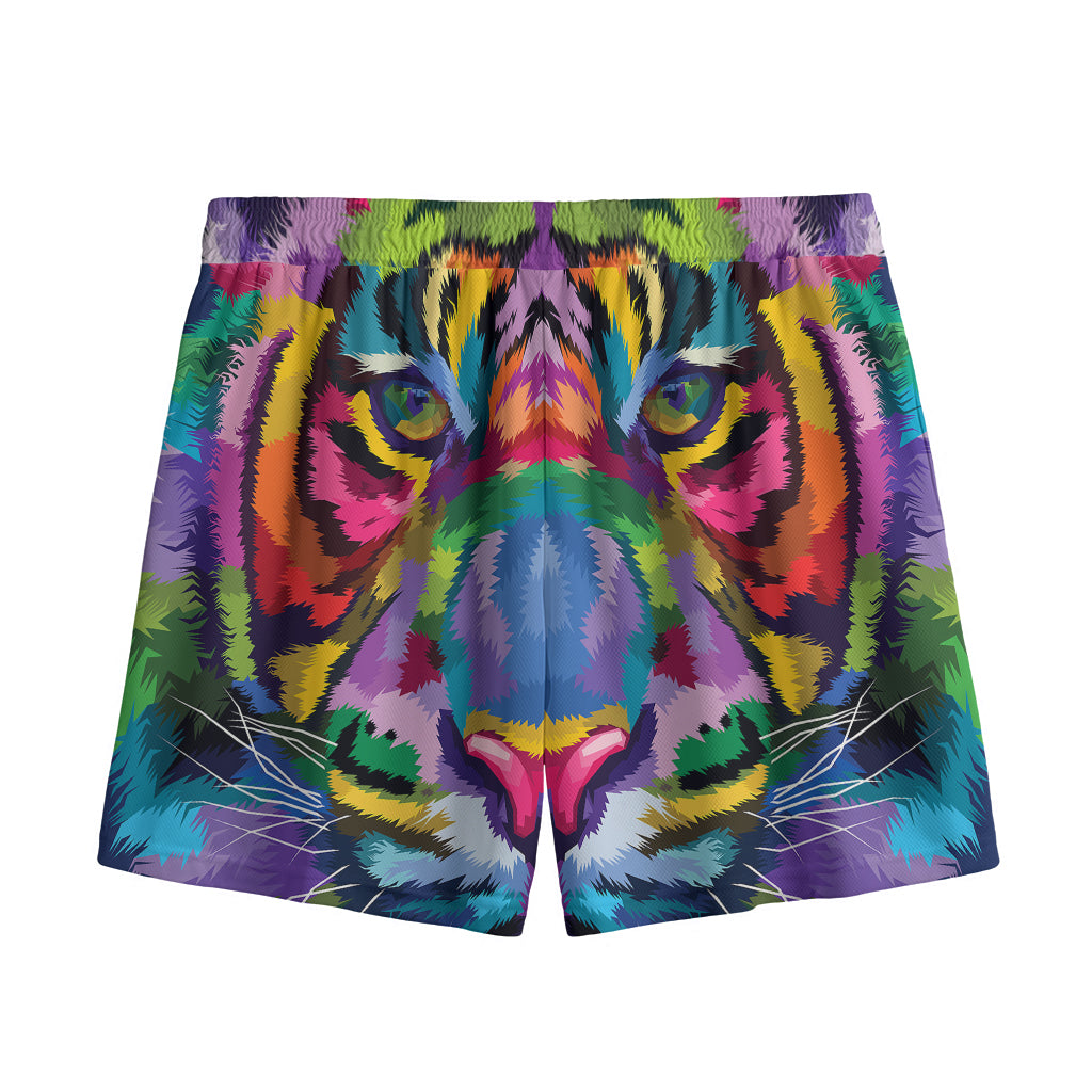 Colorful Tiger Portrait Print Mesh Shorts