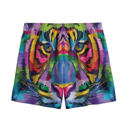 Colorful Tiger Portrait Print Mesh Shorts