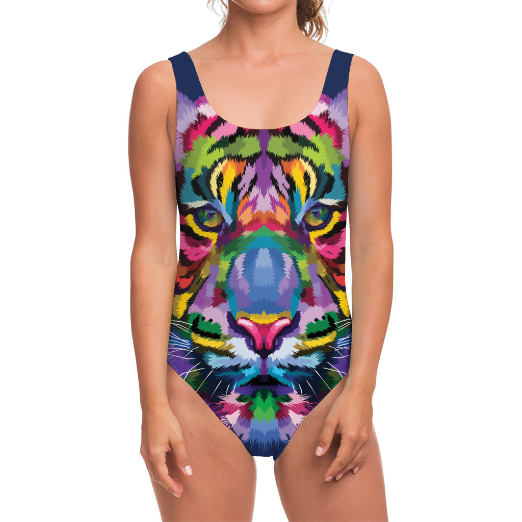 Colorful Tiger Portrait Print One Piece Swimsuit