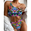 Colorful Tiger Portrait Print One Shoulder Bikini Set