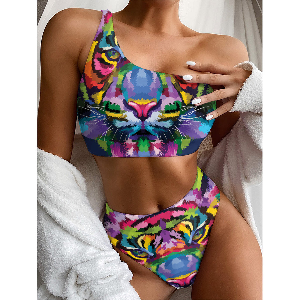 Colorful Tiger Portrait Print One Shoulder Bikini Top