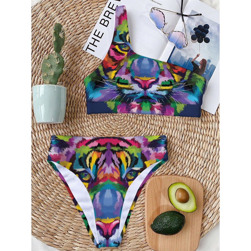 Colorful Tiger Portrait Print One Shoulder Bikini Top