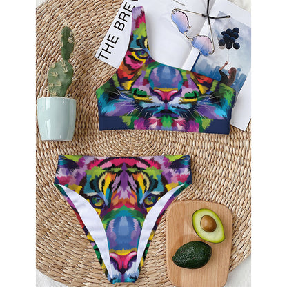 Colorful Tiger Portrait Print One Shoulder Bikini Top