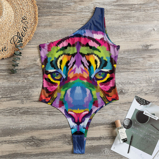 Colorful Tiger Portrait Print One Shoulder Bodysuit