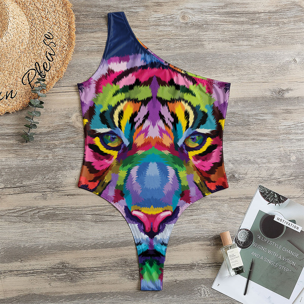 Colorful Tiger Portrait Print One Shoulder Bodysuit