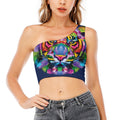 Colorful Tiger Portrait Print One Shoulder Crop Top