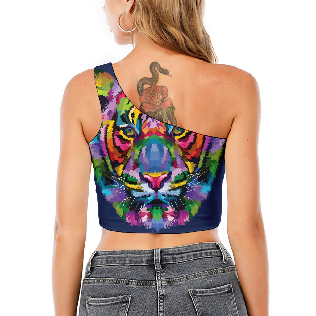 Colorful Tiger Portrait Print One Shoulder Crop Top