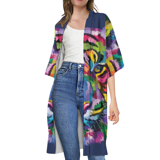 Colorful Tiger Portrait Print Open Front Beach Cover Up