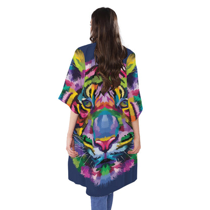 Colorful Tiger Portrait Print Open Front Beach Cover Up