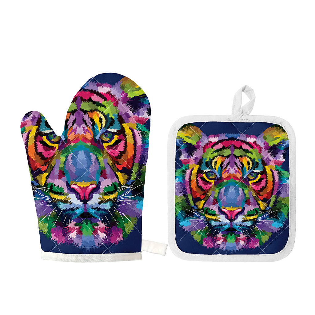 Colorful Tiger Portrait Print Oven Mitt And Pot Holder Set