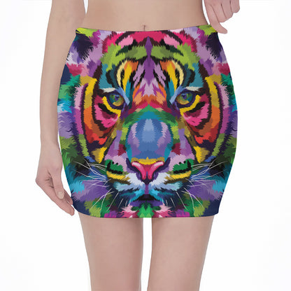Colorful Tiger Portrait Print Pencil Mini Skirt
