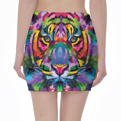 Colorful Tiger Portrait Print Pencil Mini Skirt