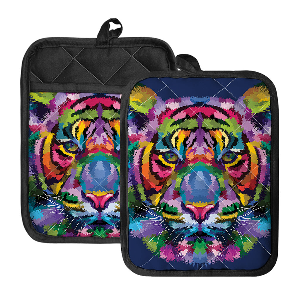 Colorful Tiger Portrait Print Pot Holders With Pocket