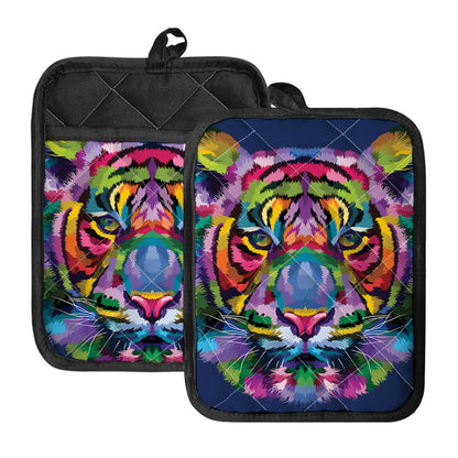Colorful Tiger Portrait Print Pot Holders With Pocket