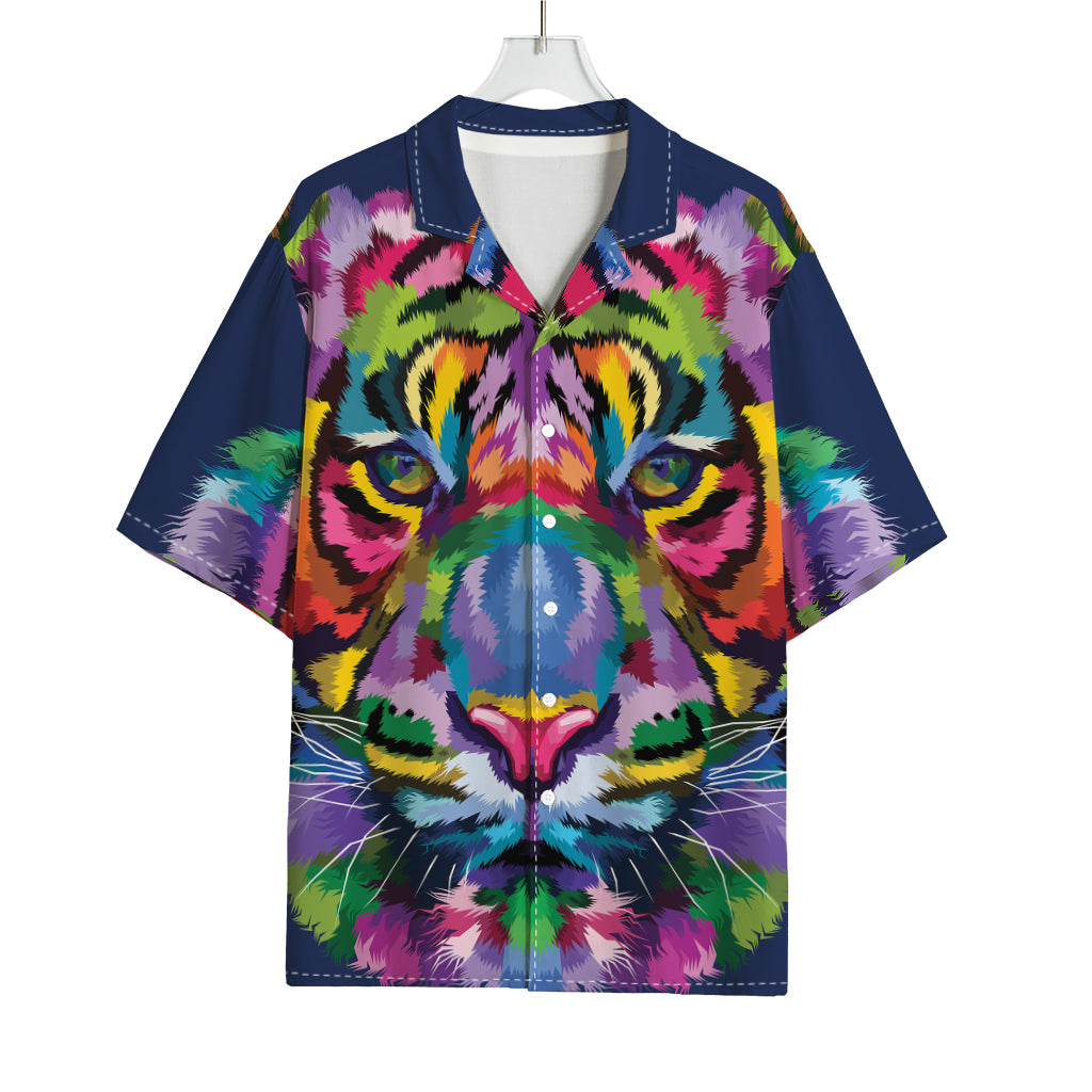 Colorful Tiger Portrait Print Rayon Hawaiian Shirt