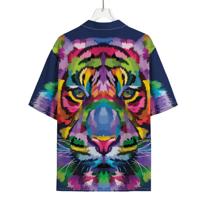 Colorful Tiger Portrait Print Rayon Hawaiian Shirt