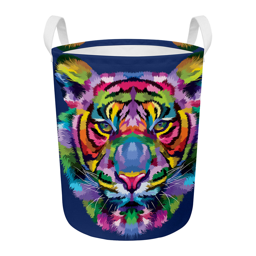 Colorful Tiger Portrait Print Round Laundry Basket