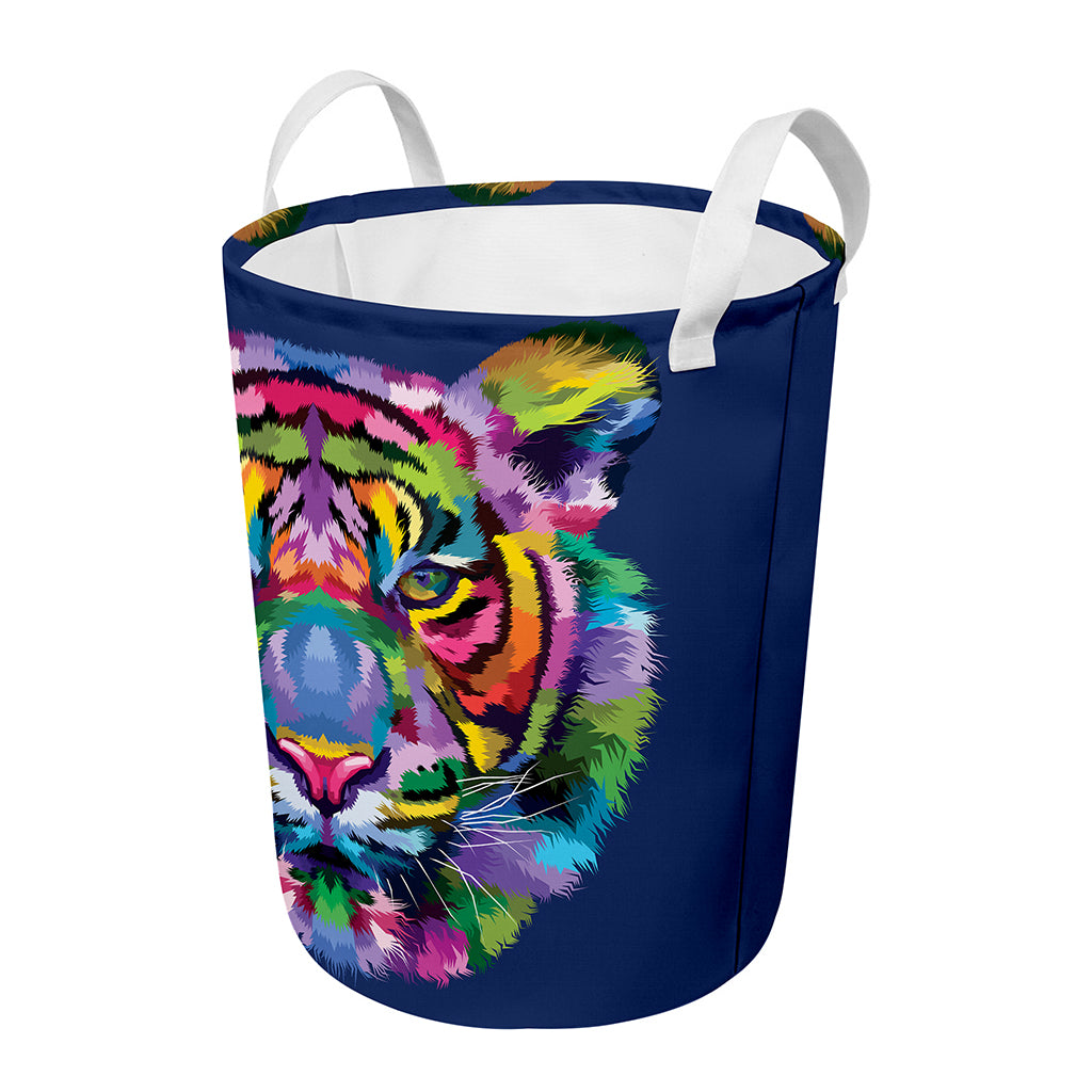 Colorful Tiger Portrait Print Round Laundry Basket