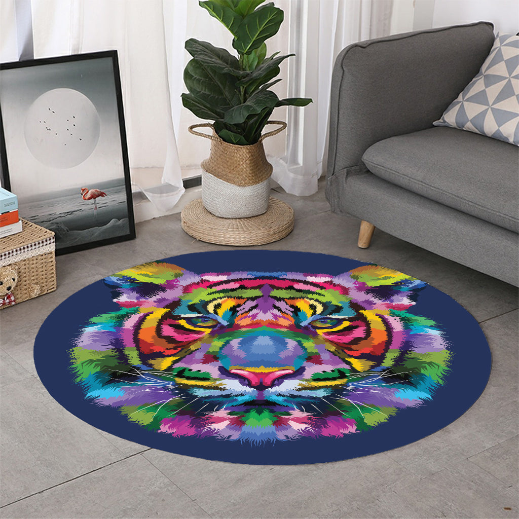 Colorful Tiger Portrait Print Round Rug