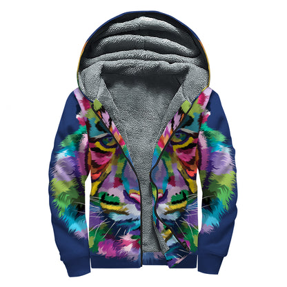Colorful Tiger Portrait Print Sherpa Lined Zip Up Hoodie