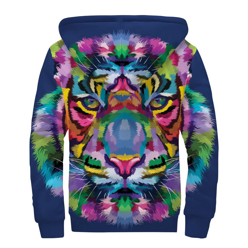 Colorful Tiger Portrait Print Sherpa Lined Zip Up Hoodie