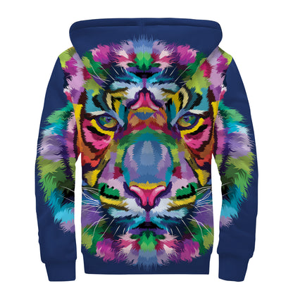 Colorful Tiger Portrait Print Sherpa Lined Zip Up Hoodie