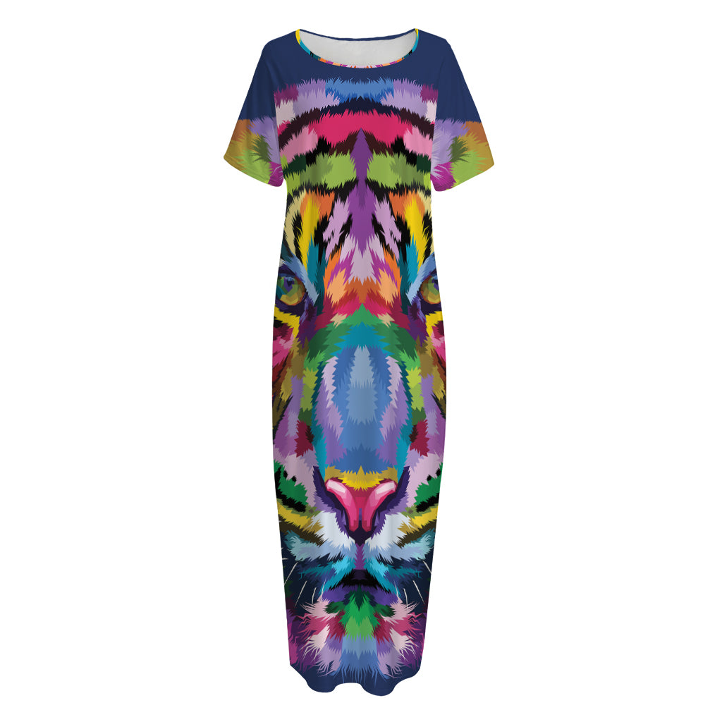 Colorful Tiger Portrait Print Short Sleeve Long Nightdress
