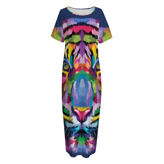 Colorful Tiger Portrait Print Short Sleeve Long Nightdress