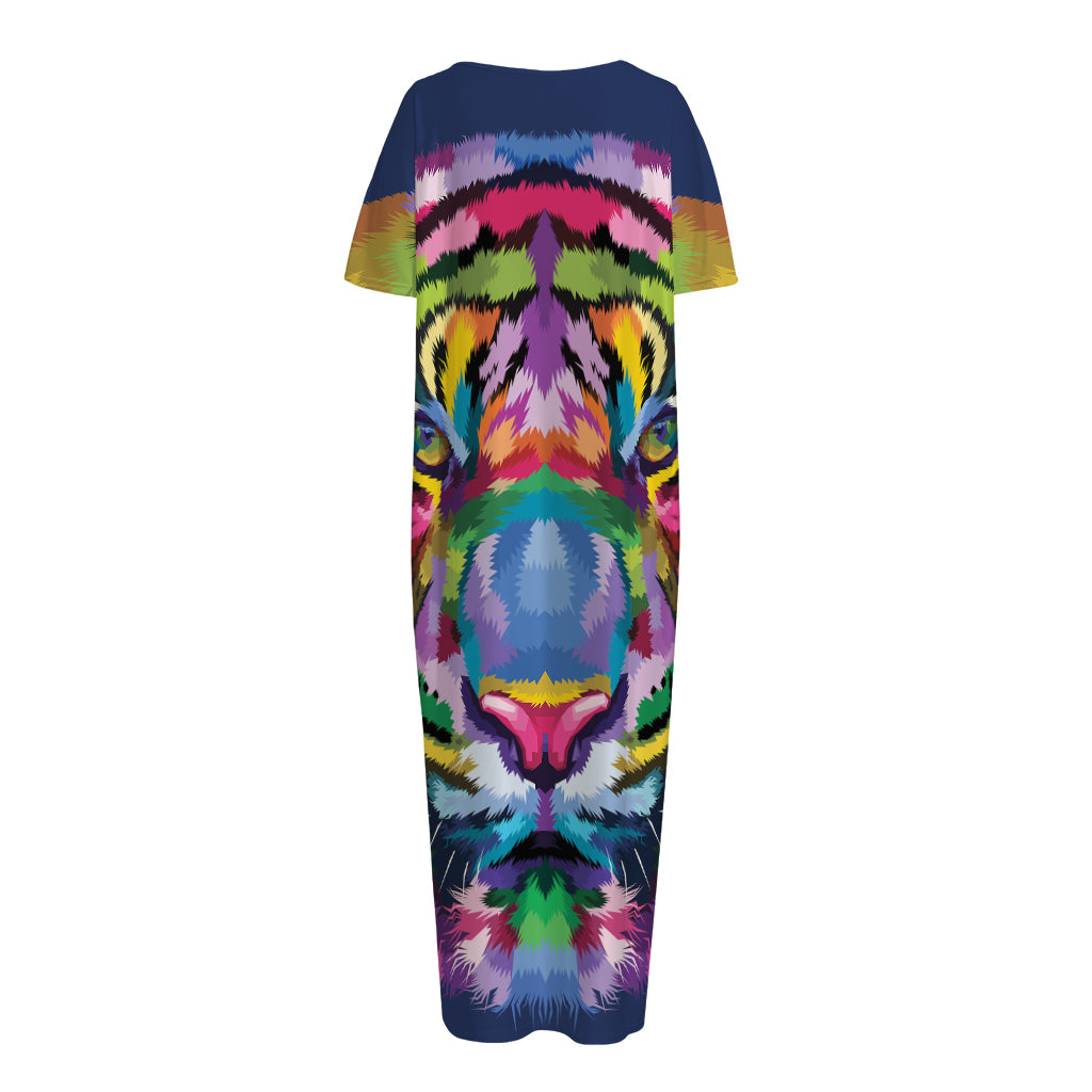 Colorful Tiger Portrait Print Short Sleeve Long Nightdress