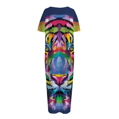 Colorful Tiger Portrait Print Short Sleeve Long Nightdress