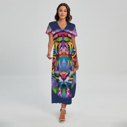 Colorful Tiger Portrait Print Short Sleeve Maxi Dress