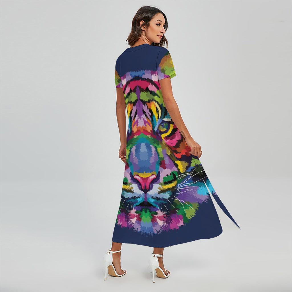 Colorful Tiger Portrait Print Short Sleeve Maxi Dress