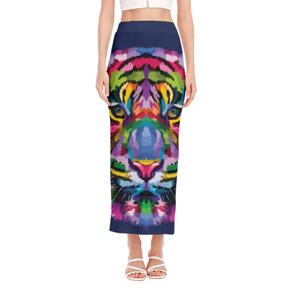 Colorful Tiger Portrait Print Side Slit Maxi Skirt