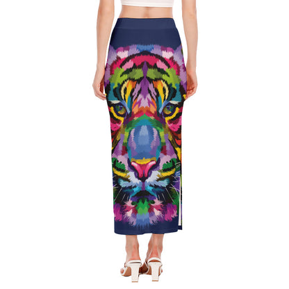 Colorful Tiger Portrait Print Side Slit Maxi Skirt
