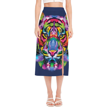 Colorful Tiger Portrait Print Side Slit Midi Skirt