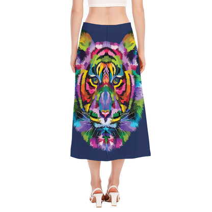 Colorful Tiger Portrait Print Side Slit Midi Skirt