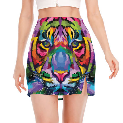 Colorful Tiger Portrait Print Side Slit Mini Skirt