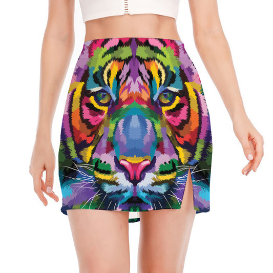 Colorful Tiger Portrait Print Side Slit Mini Skirt