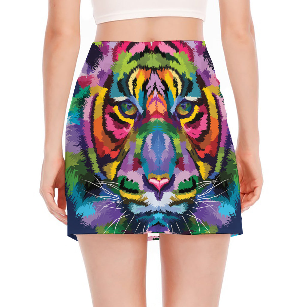 Colorful Tiger Portrait Print Side Slit Mini Skirt
