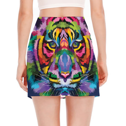 Colorful Tiger Portrait Print Side Slit Mini Skirt