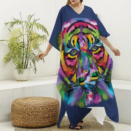 Colorful Tiger Portrait Print Silk V-Neck Kaftan Dress