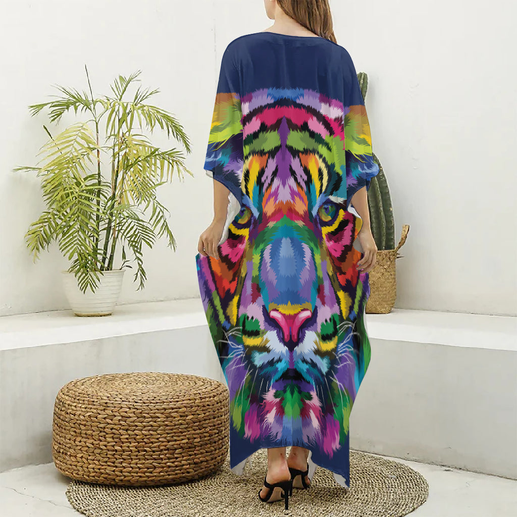 Colorful Tiger Portrait Print Silk V-Neck Kaftan Dress