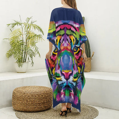 Colorful Tiger Portrait Print Silk V-Neck Kaftan Dress