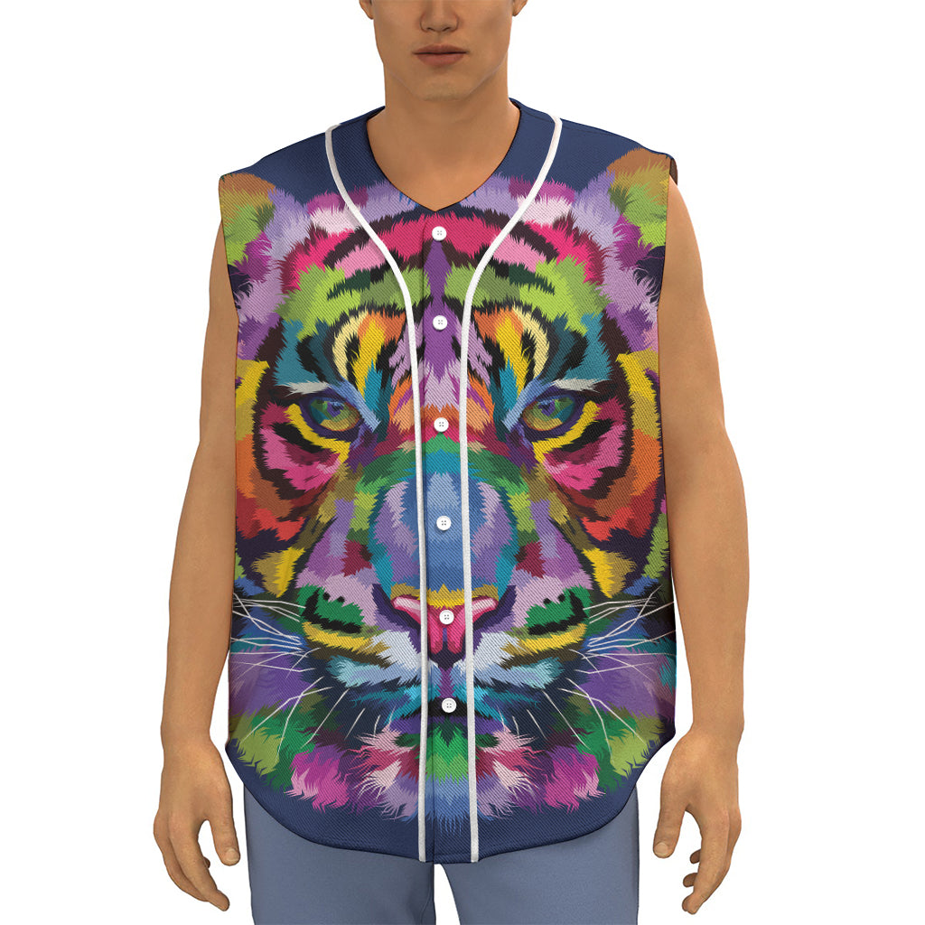Colorful Tiger Portrait Print Sleeveless Baseball Jersey