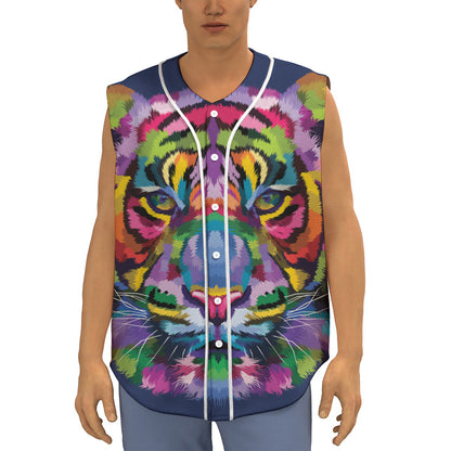 Colorful Tiger Portrait Print Sleeveless Baseball Jersey