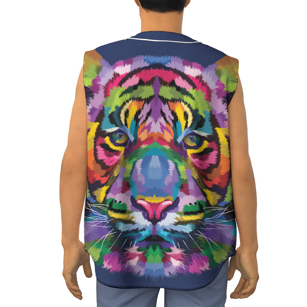 Colorful Tiger Portrait Print Sleeveless Baseball Jersey