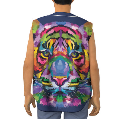 Colorful Tiger Portrait Print Sleeveless Baseball Jersey