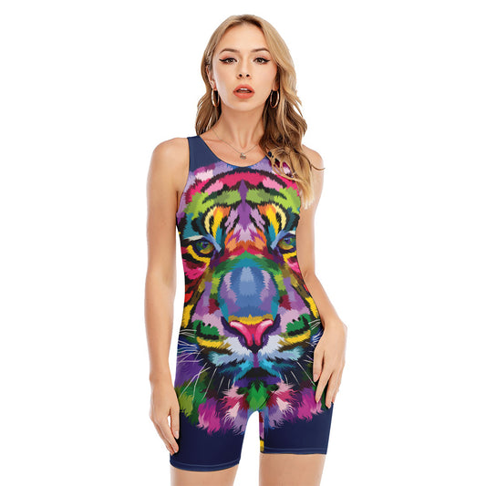 Colorful Tiger Portrait Print Sleeveless One Piece Swimsuit